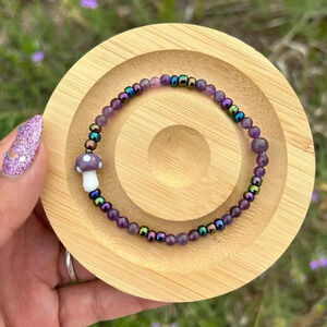 🍄Handmade Mushroom + amethyst + seed bead bracelet ✨